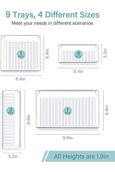 erorex 9 Pcs Desk Drawer Organizer Trays 4 Size Bathroom Drawer Tray Dividers Plastic Vanity Organizers