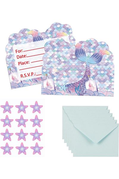 erorex 20 Pcs Birthday Party Invitations With Envelopes Mermaid Invitation Cards And Stickers For Girls