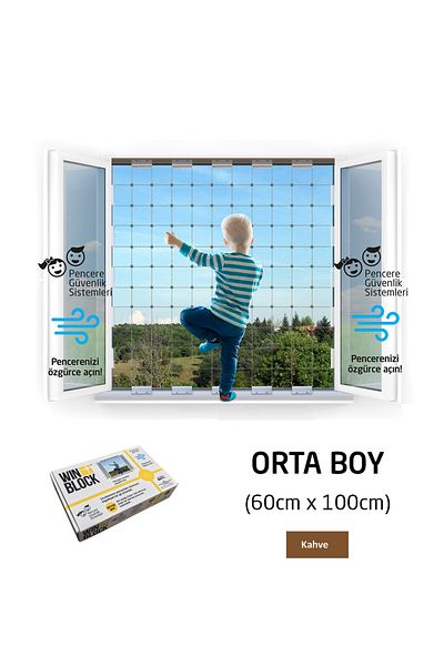 WINBLOCK 60x100 Cm Medium Size Children's Window Steel Safety Net - New Generation Guardrail - Brown Profile