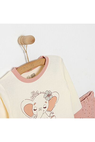 ebebek Hello Baby HelloBaby Kız Bebek Pijama Takım İnterlok Fil Desen Bisiklet Yaka Uzun Kol Ekru