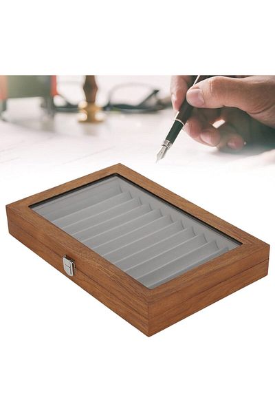 erorex Pen Display Case 12 Slot Walnut Wood Fountain Pen Display Case With Clear Glass Window For Shop Or
