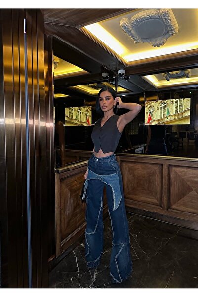 Diviny Γυναικείο σκούρο μπλε μπροστινό κούμπωμα κομμάτι Λεπτομέρεια μπούτι με αστεράκι με σχέδιο Jean