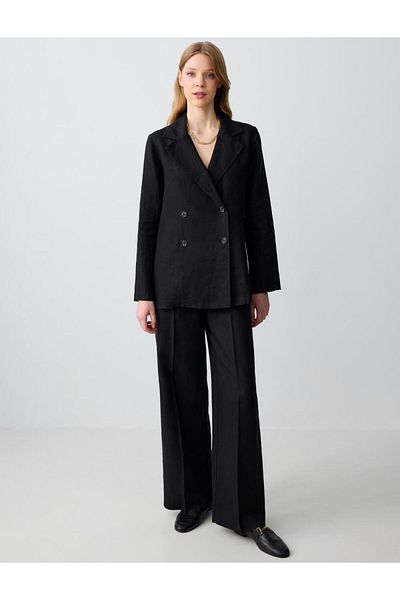 Jimmy Key Black Straight Cut Shirt Collar Long Sleeve Woven Linen Jacket