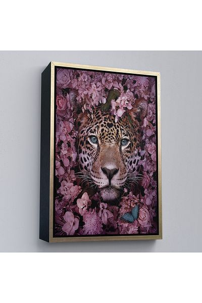Harita Sepeti Διακοσμητικός πίνακας τοίχου Wild Leopard με ροζ λουλούδια σε καφέ πλαίσιο