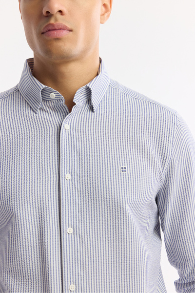 Avva Men's Navy Blue Bottomed Britli Collar Striped Gofreli Comfort Fit Shirt A51Y2028