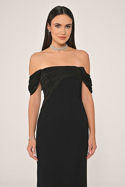ALFABETA Alpha Beta Off Shoulder Satin Neckline Crepe Long Evening Dress