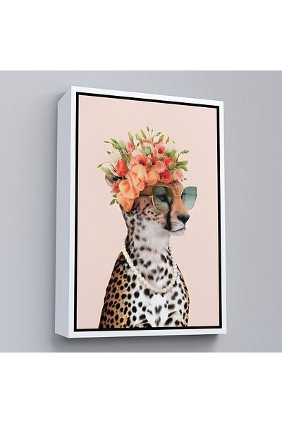 Harita Sepeti Cheetah Streamer cu cadru alb, pictură de cheetah socialite cu coroană de flori
