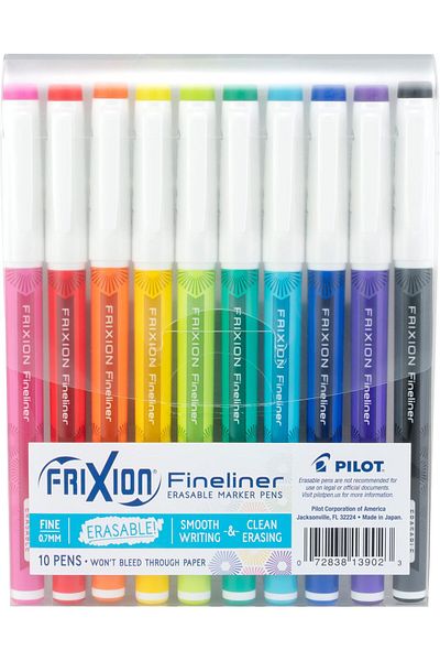 erorex Frixion Fineliner Erasable Marker Pens Fine Point .5 Mm Pack Of 10 Assorted Colors