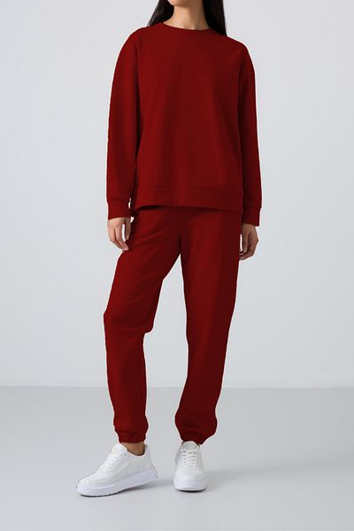 ruNadeS Claret Red 3 Thread Women's Tracksuit Set Crew Neck Bottom Top with Soft Fleece Inside
