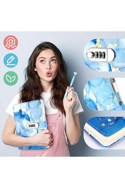 erorex دفتر يوميات من الجلد الصناعي مقاس A5 مزود بقفل، 120 ورقة، أزرق، مقفل بكلمة مرور، دفتر ملاحظات للسفر