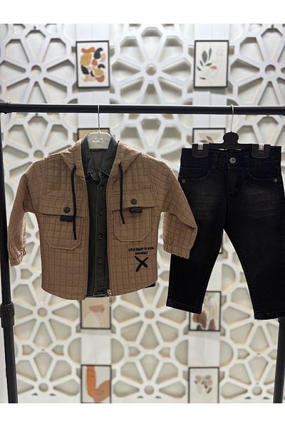 KUMRUNUN DÜNYASI Boy's Leather Jacket and Shirt, Pants Bottom Top Set Eid 3 Piece