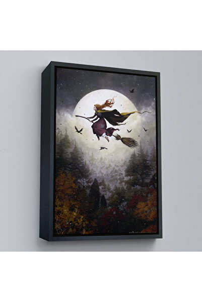 Harita Sepeti Leteća veštica sa metlom u crnom okviru, zidna slika za Noć veš...