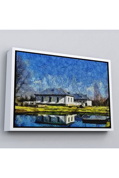 Harita Sepeti Village House by the Lake Decorative Wall Painting with White Frame