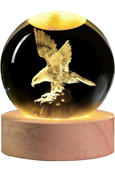 erorex 3D Eagle Crystal Ball Night Light Glass Eagle Figurine Lamp Laser Etched Engraved Crystal Eagle