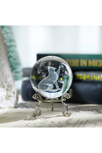 erorex 3D Cat Crystal Ball 60Mm Glass Laser Engraved Figurine With Stand Elegant Paperweight For Art Decor
