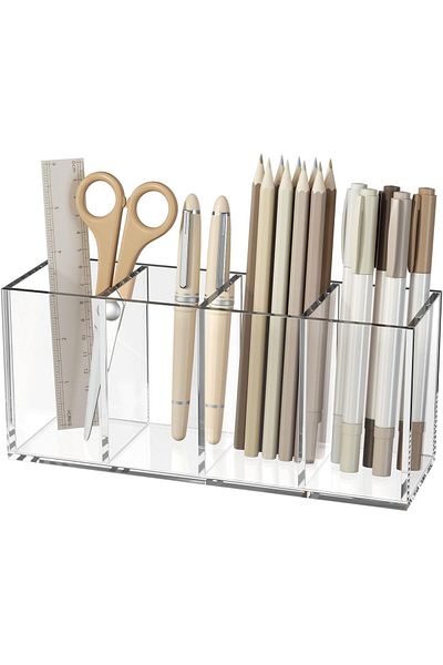 erorex Acrylic Pen Holder 4 Compartments Clear Pencil Organizer Cup For Countertop Desk Accessory Storage