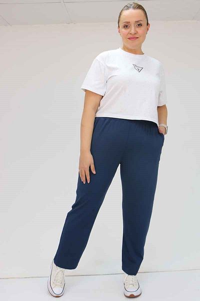 Eslina High Waist Elastic Plus Size Combed Cotton Trousers 39001 - Navy Blue