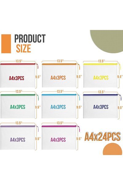 erorex 24 Piece Mesh Zipper Bag A4 Size 8 Color Of Puzzle Storage Bag A4 13.5X9.5 Inches Study And Office