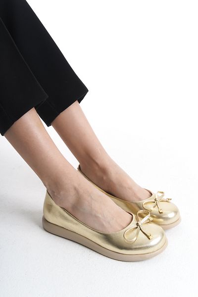 GNS Shoes Atrani Genuine Leather Bow Gold Women's Ballerinas