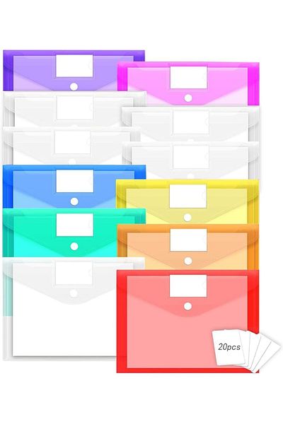 erorex 12 Pack Plastic Envelopes A4 Size File Folder With Button Snap Closure And Label 8 Assorted Colors