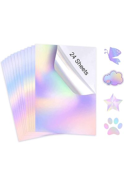 erorex Realdone 24 Sheets Holographic Sticker Paper Clear Vinyl Printable Sticker Paper Self Adhesive