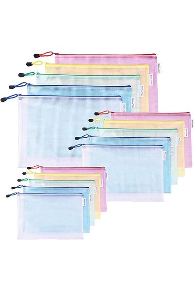 erorex 15 Pack Mesh Zipper Pouch Document Bag A3 A4 A5 Size Each Size 5Pcs 5 Color Zipper Bags For Office