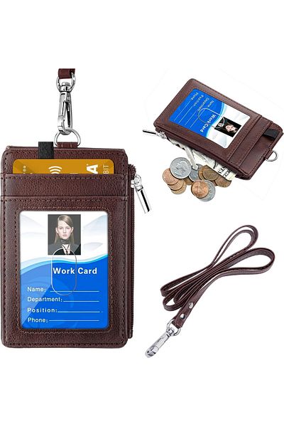 erorex Badge Holder With Zipper Pu Leather Id Badge Card Holder Wallet With 5 Card Slots 1 Side Rfid