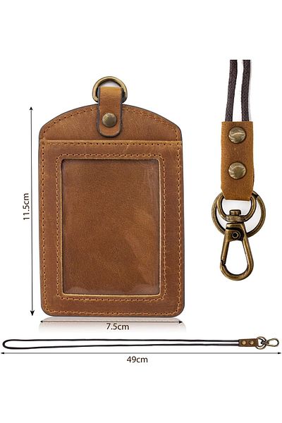 erorex Leather Id Badge Holder With Keychain Vertical Card Holder With Zipper Pocket And Lanyard For