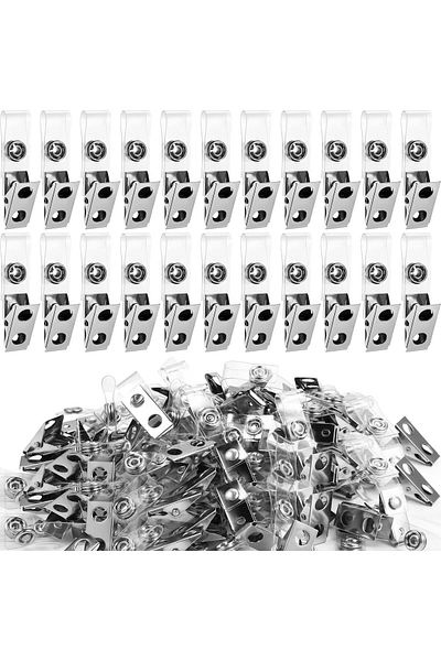 erorex Metal Badge Clips 100 Pieces Double Hole Badge Clips Metal Clips With Clear Pvc Straps Name Tag