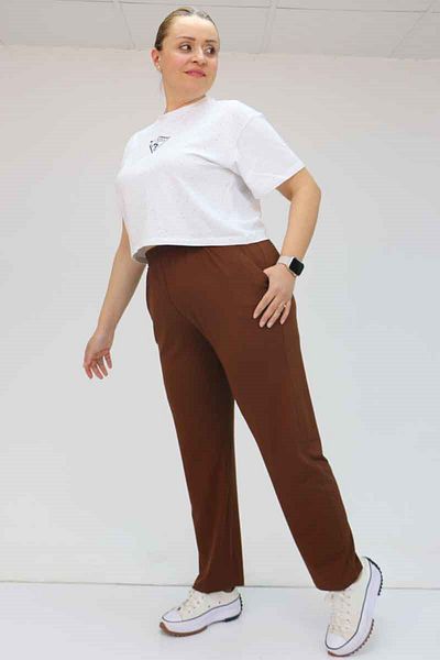 Eslina 39001 Large Size High Waist Elastic Combed Cotton Trousers - Brown