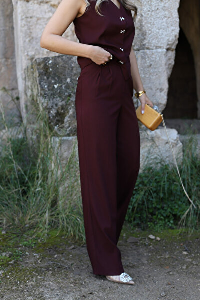 bytugcekaya Burgundy Ribbon Detail Vest Suit