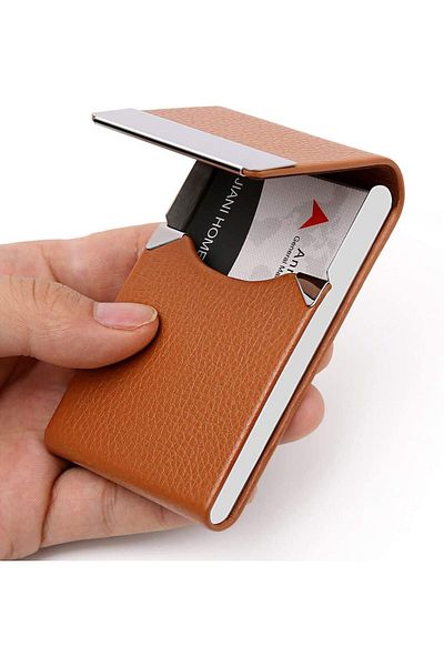 erorex Business Card Holder Case Brown Fashion Professional Pu Leather Business Card Carrier Luxury Metal