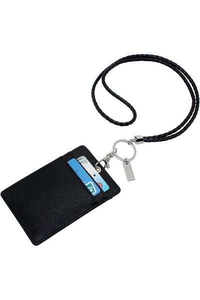 erorex Vertical Style Leather Id Card Badge Holder With Keychain Lanyard Black With Keychain