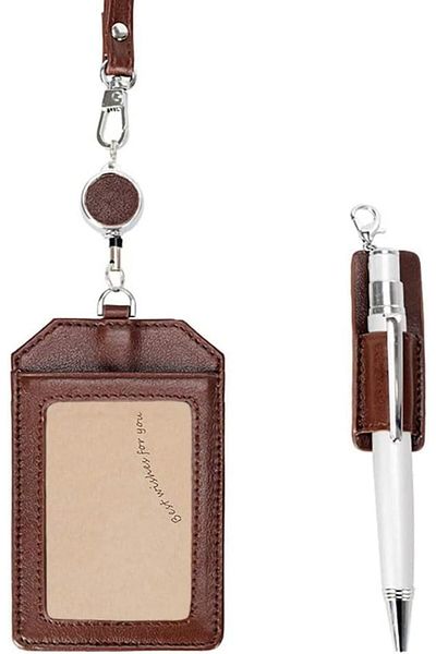 erorex Office Badge Holder Brown Retractable Badge Holders With Pen Holder Leather Credit Id Card Holder