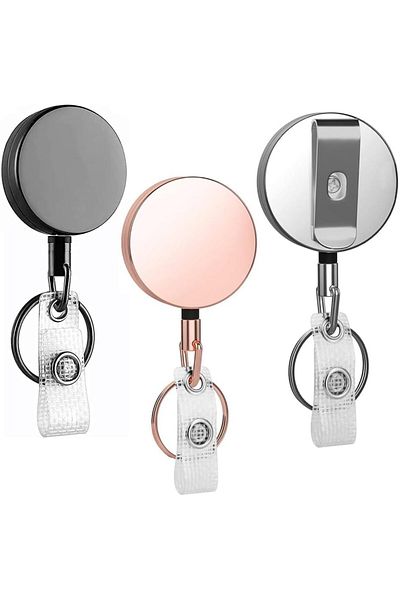 erorex 3 Pcs Retractable Badge Holder Reels Metal Id Badge Reels Card Holder With Clip Key Ring Keychain