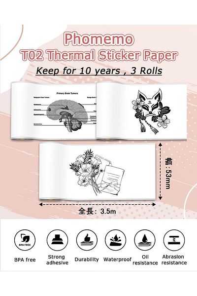erorex T02 White Adhesive Thermal Sticker Paper Sticky Printer Paper For T02 Mini Printer 50Mm X 3.5M Roll