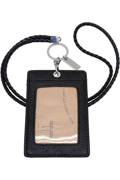 erorex Vertical Style Leather Id Card Badge Holder With Keychain Lanyard Black With Keychain