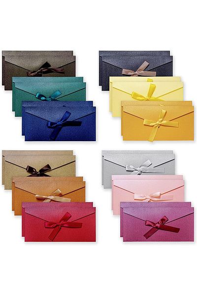 erorex Colorful Envelopes 24Pcs Vintage Kraft Pearlescent Paper Envelopes With Colored Bow Tie Ribbons For