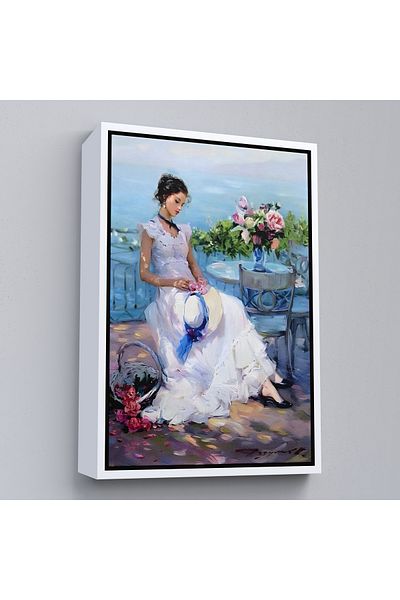 Harita Sepeti Tablou de o femeie frumoasă în rochie albă pe terasă cu cadru alb