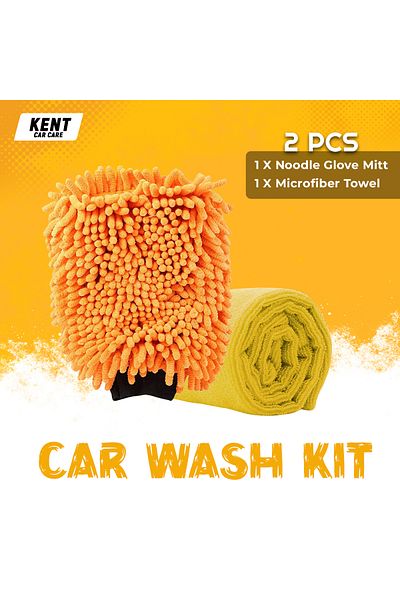 KENT Car Care Microfibre Wash & Dry Pack – Noodle Glove Mitt Orange & Drying Towel for Car Cleaning