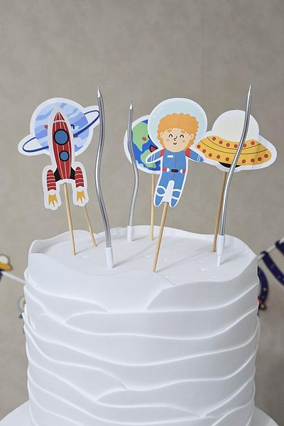 PEKSHOP Space Concept Cake Ornaments Set Cake Candle and Cake Picks Decoration Set 8 Pieces