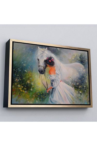 Harita Sepeti Cai alb și fata proprietară în cadru auriu Vedere pictură în ulei Pictură decorativă pe pânză