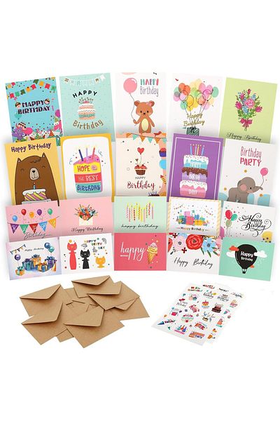 erorex 20 Styles Set Unique Happy Birthday Card Assorted Bulk With Blank Envelopes 2Sheets Stickers ​4 X 6