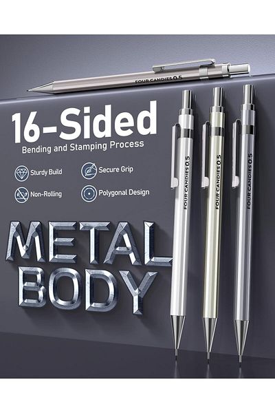 erorex 0.5Mm Mechanical Pencil Set With Case 4Pcs Metal Mechanical Pencils 8 Tubes Hb #2 Lead Refills 3Pcs