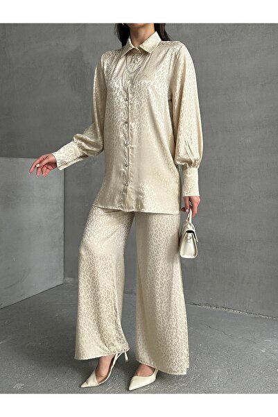 MD trend Women's Necklace Detailed Patterned Satin Oversize Shirt and Trousers Double Set