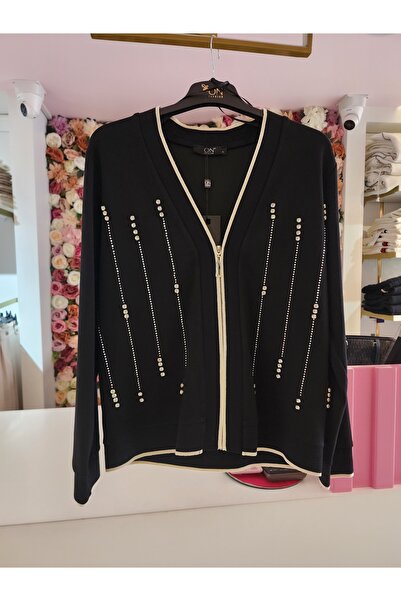 On Fashion kadın siyah fermuarlı taş detaylı ceket