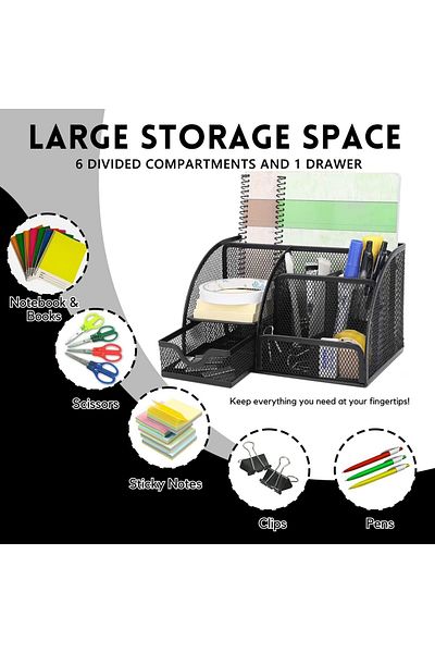 erorex Mesh Desk Organizer Desktop Organizer With 6 Compartments And 1 Drawer Multi Functional Caddy Pen