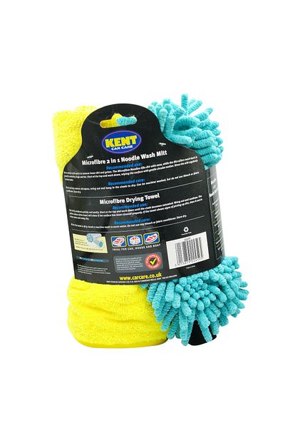 KENT Car Care Microfibre Wash & Dry Pack – Noodle Glove Mitt Blue & Drying Towel for Car Cleaning