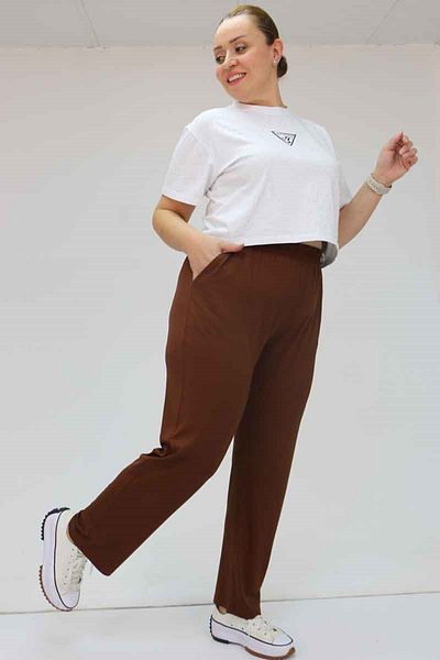 Eslina 39001 Large Size High Waist Elastic Combed Cotton Trousers - Brown