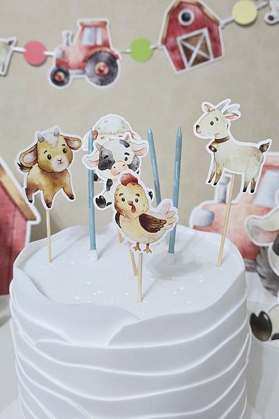 PEKSHOP Farm Animals Concept Cake Toppers Set Cake Candle and Cake Picks Decoration Set 8 Pieces
